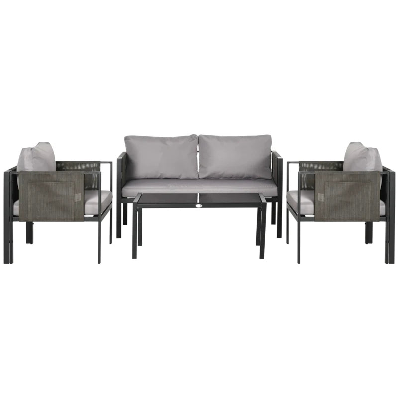 Outsunny 4 Piece Metal Garden Furniture Set with Tempered Glass Coffee Table, Texteline Pocket, Outdoor Patio Set Loveseat Single Armchairs with Padded Cushions, Light Grey