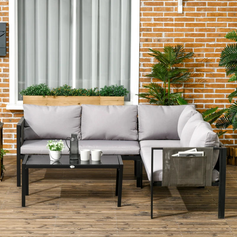 4 Piece Metal Garden Furniture Set with Tempered Glass Coffee Table, Breathable Mesh Pocket, Outdoor Conversational Corner Sofa Loveseat with Padded Cushions, Light Grey