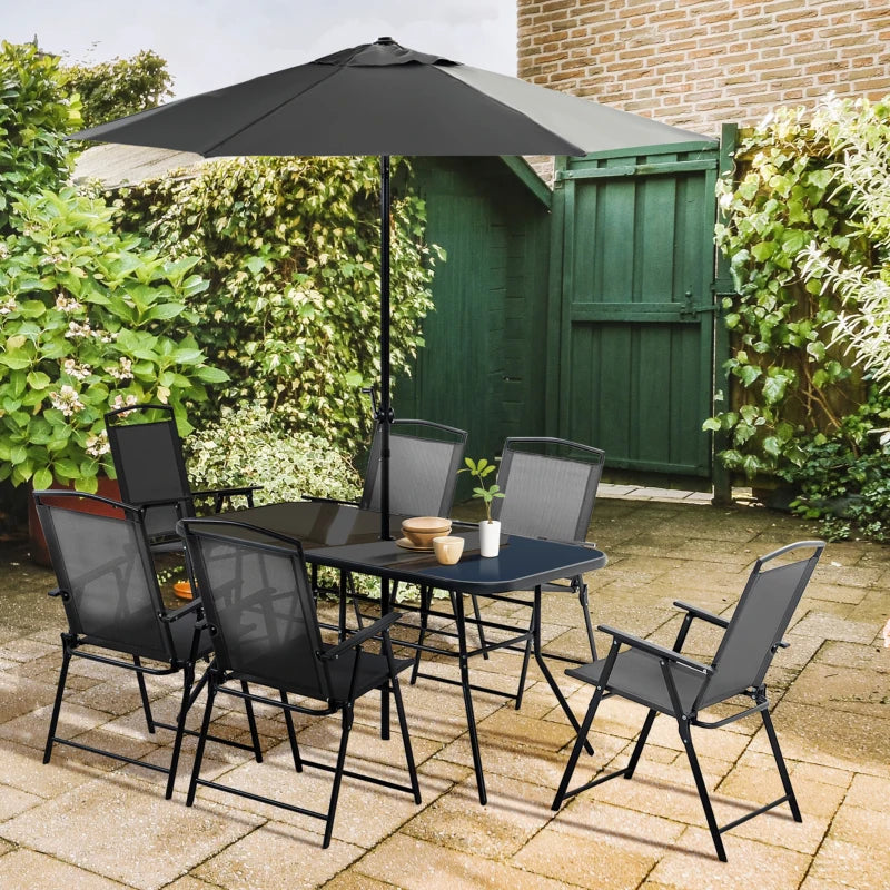 Eight-Piece Garden Dining Set, with Chairs, Table and Parasol - Black