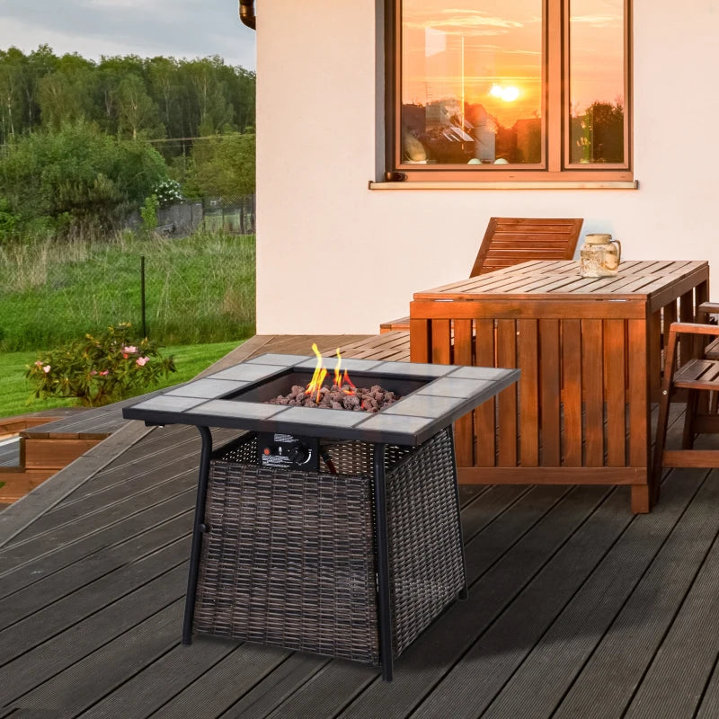 Outdoor Square Rattan Fire Pit Table with Gas Burner Heater