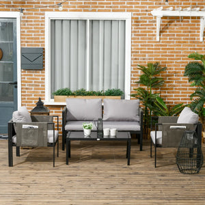 4 Piece Metal Garden Furniture Set with Tempered Glass Coffee Table
