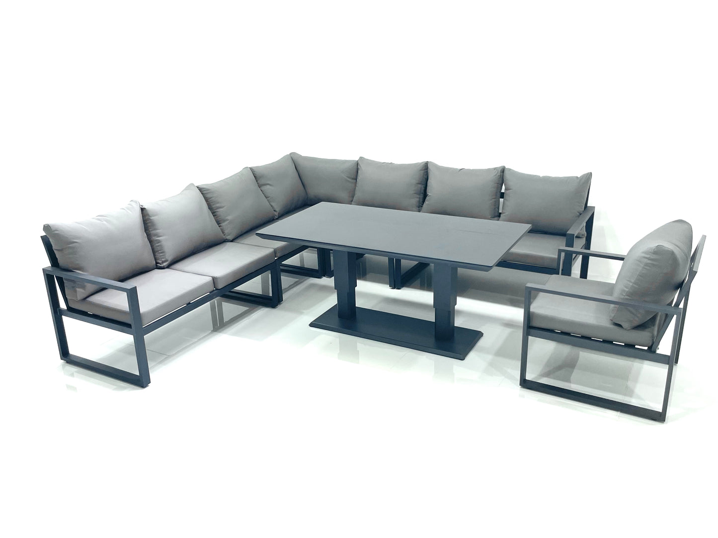 Dark Grey Aluminium 8-Seater Corner Sofa Set with Adjustable Rising Dining Table and Chair