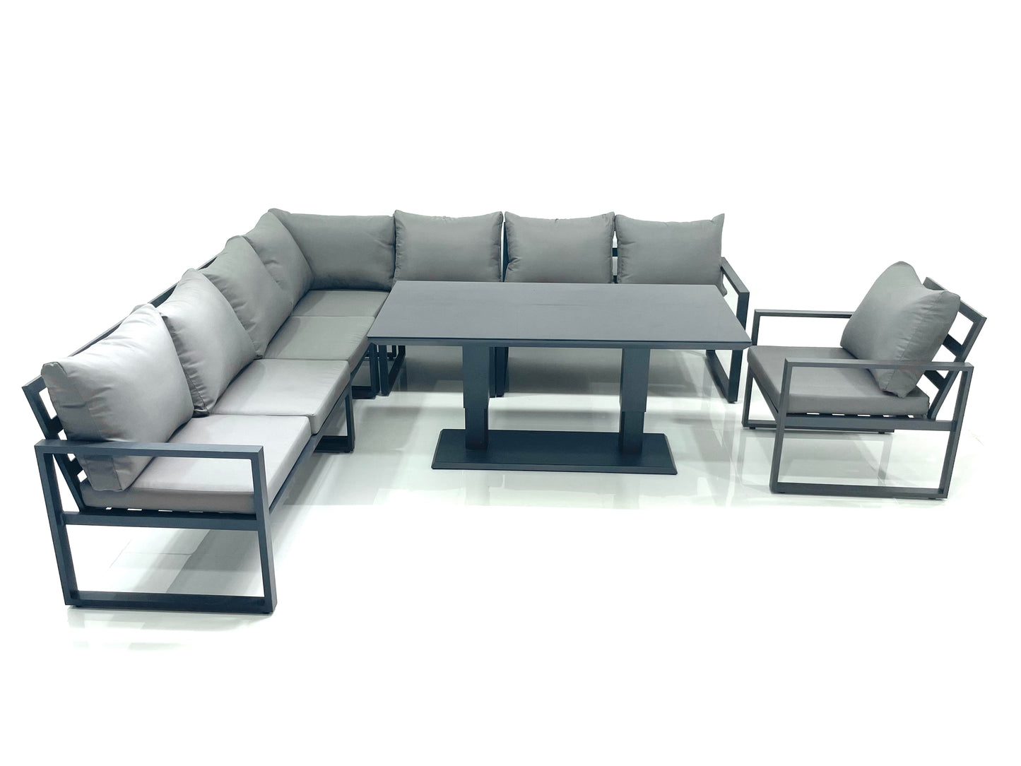 Dark Grey Aluminium 8-Seater Corner Sofa Set with Adjustable Rising Dining Table and Chair