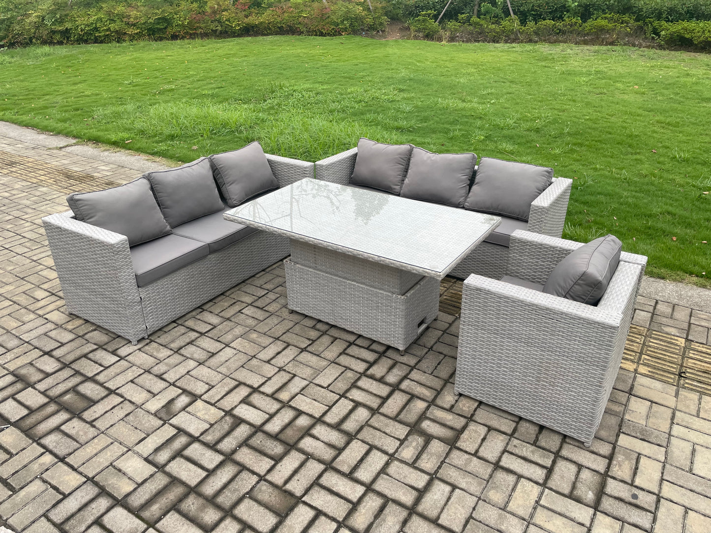 Outdoor PE Rattan Garden Furniture Set with Height-Adjustable Rising Table