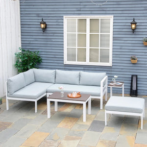 5-Piece L-shaped Garden Furniture Set, Aluminium Conversation Set, Corner Sofa Set with Coffee Table End Table Cushions, White/Grey Frame