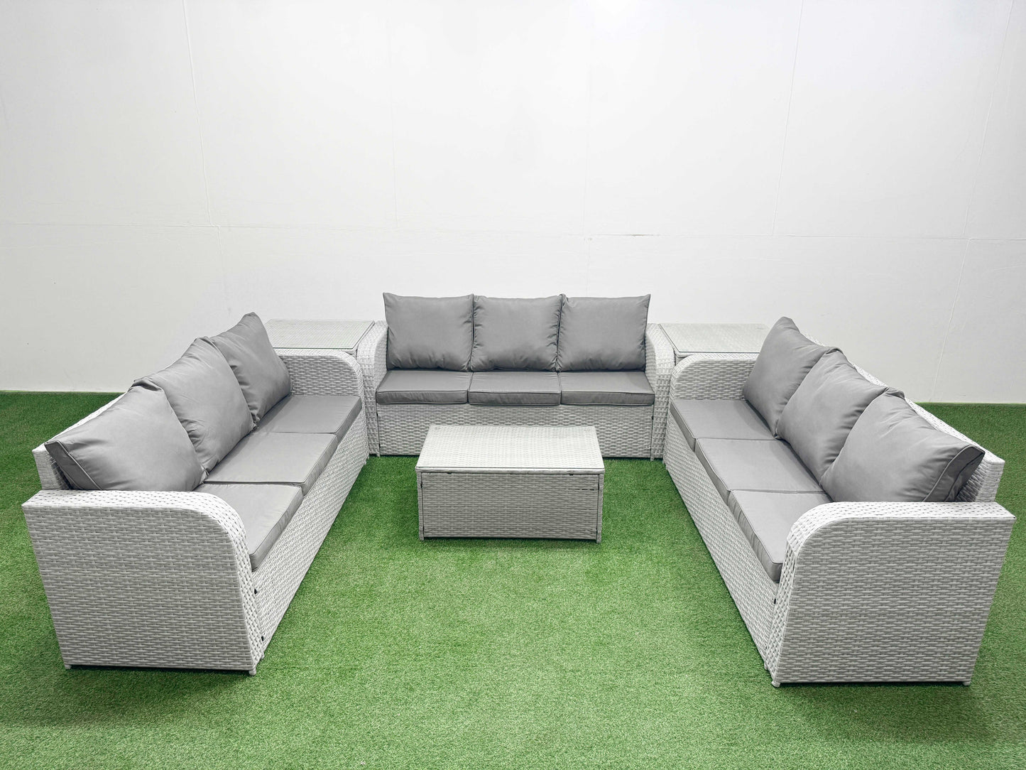 PE Rattan Lounge Sofa Set – 9 Seater Outdoor Garden Furniture Set with Rectangular Coffee Table, 3-Seater Sofa, and 2 Side Tables (Light Grey)