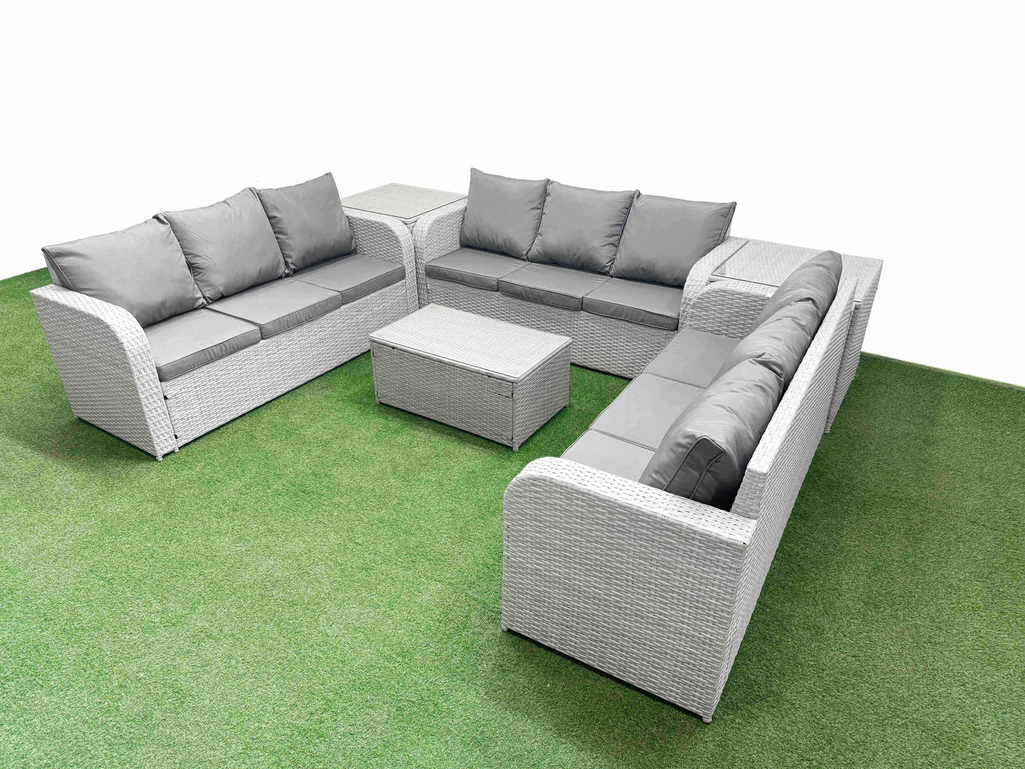 PE Rattan Lounge Sofa Set – 9 Seater Outdoor Garden Furniture Set with Rectangular Coffee Table, 3-Seater Sofa, and 2 Side Tables (Light Grey)