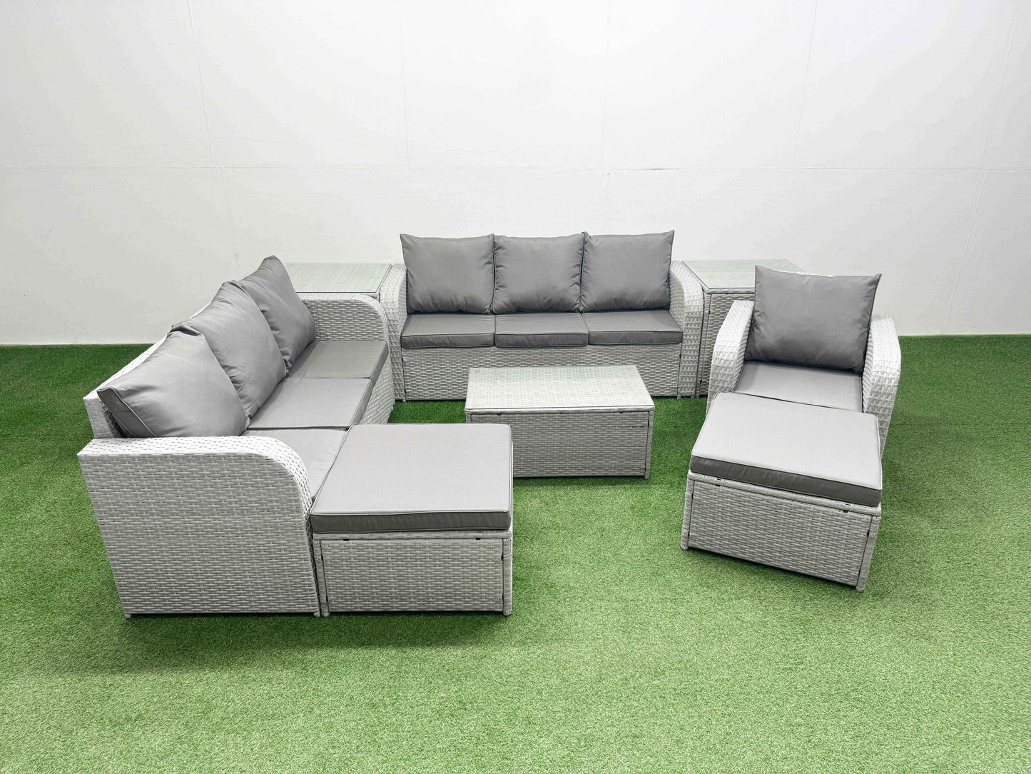 9-Seater Poly Rattan Outdoor Garden Furniture Sofa Set – Patio 3-Seater Sofa, Reclining Chair, 3-Seater Sofa, 2 Big Footstools, and 2 Side Tables (Light Grey)