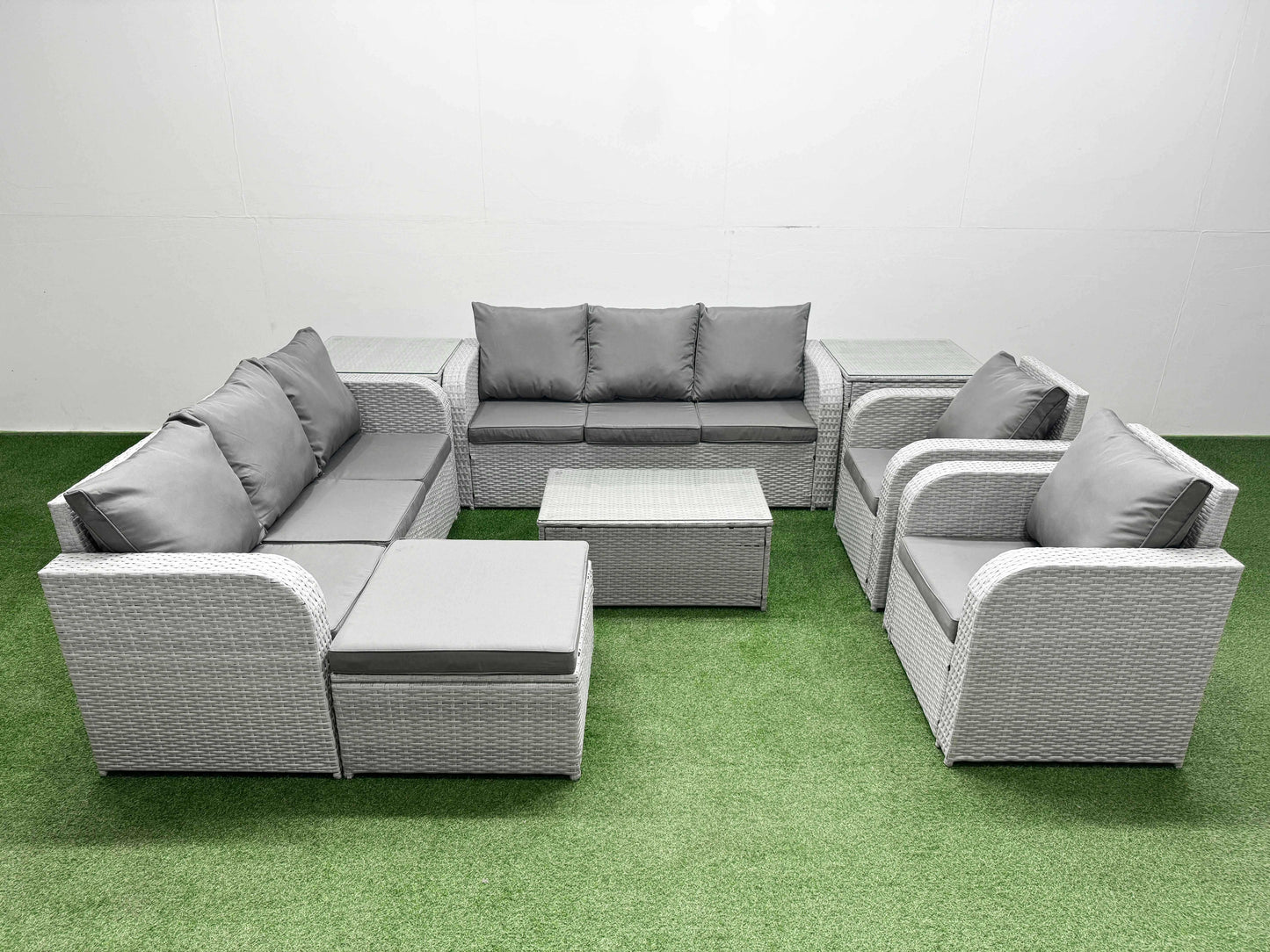 PE Rattan High Back Lounge Sofa Set – Patio Coffee Table & Chairs Set with 3-Seater Sofa, Reclining Chair, Big Footstool, and 2 Side Tables (Light Grey)