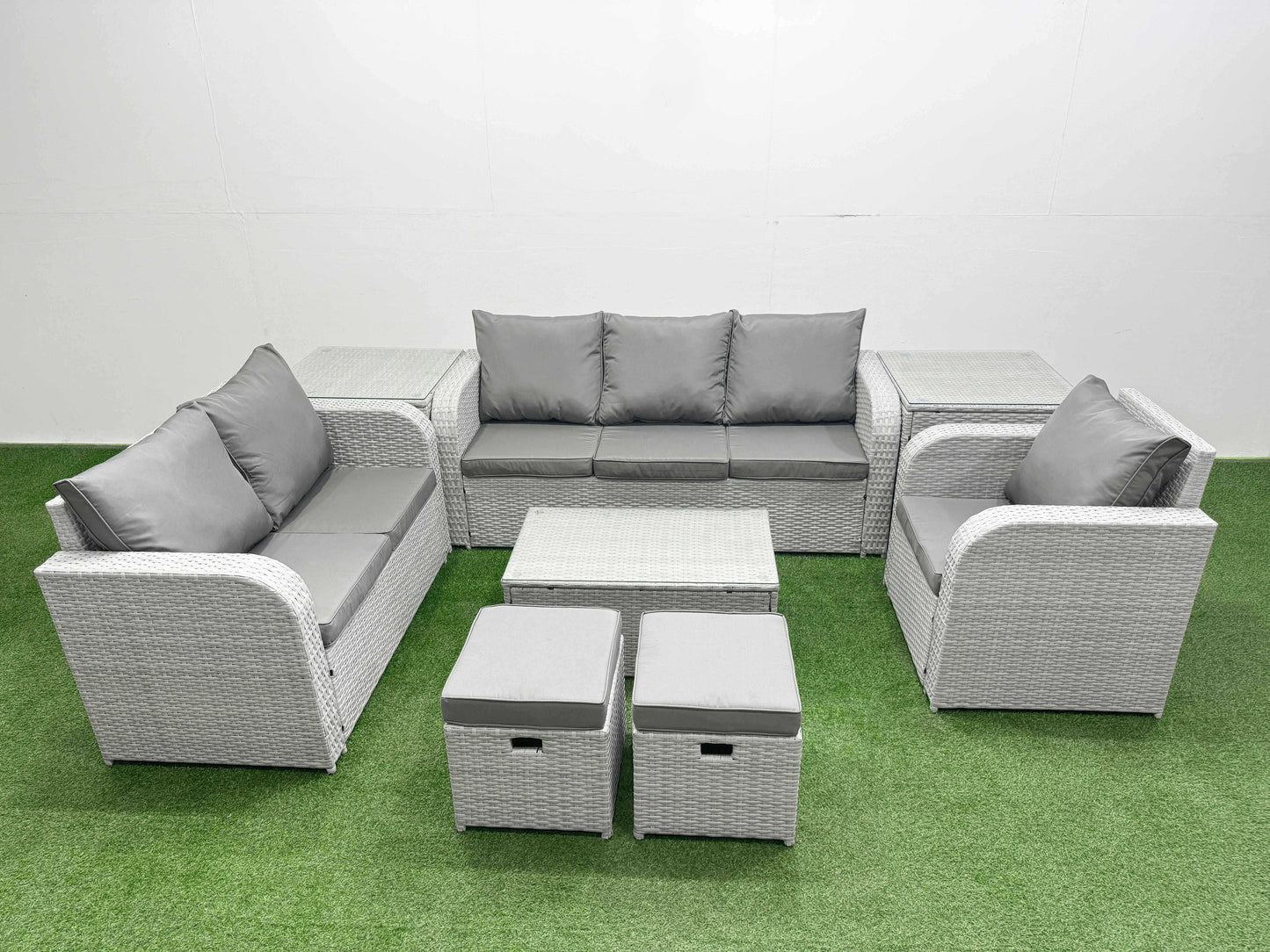Patio PE Wicker 8-Seater Outdoor Rattan Furniture Sofa Set – Rectangular Coffee Table, Reclining Chair, Loveseat Sofa, 3-Seater Sofa, Stool, and 2 Side Tables (Light Grey)