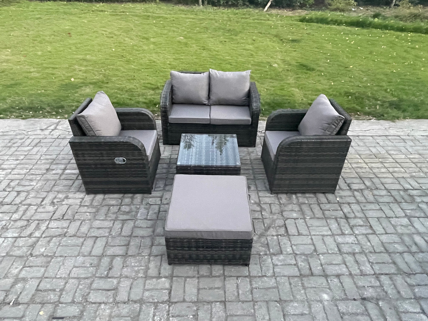 Wicker PE Rattan Garden Furniture Set – Outdoor Lounge Sofa Set with Love Sofa, Square Coffee Table, and Big Footstool (Dark Grey Mixed)