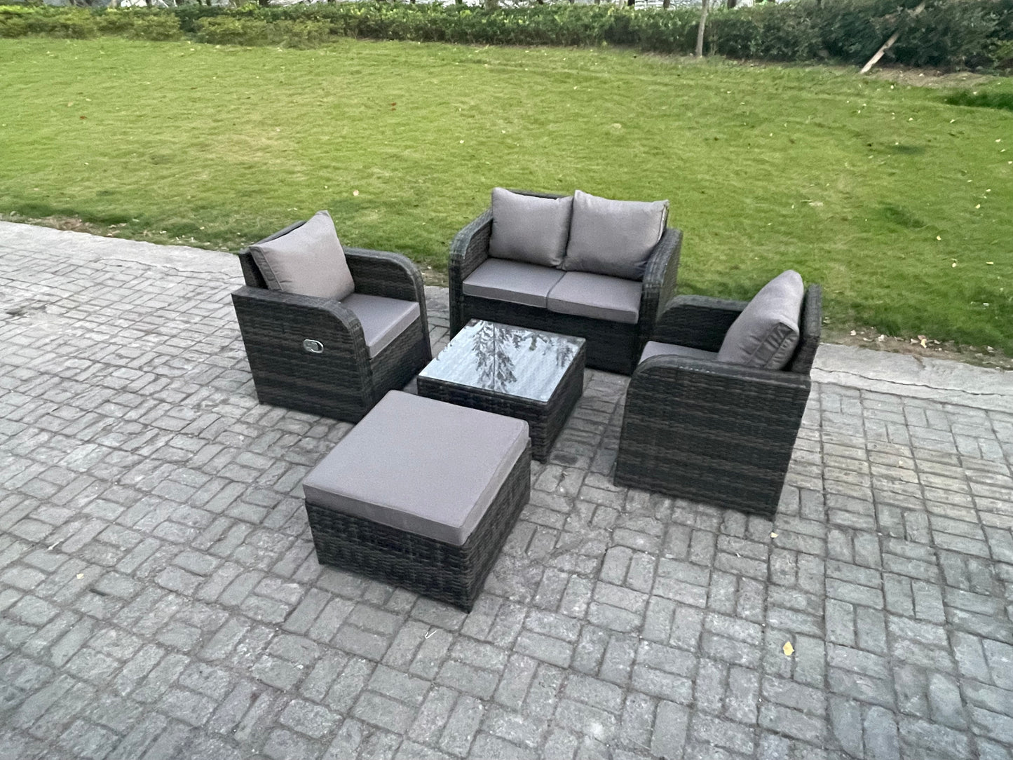Wicker PE Rattan Garden Furniture Set – Outdoor Lounge Sofa Set with Love Sofa, Square Coffee Table, and Big Footstool (Dark Grey Mixed)