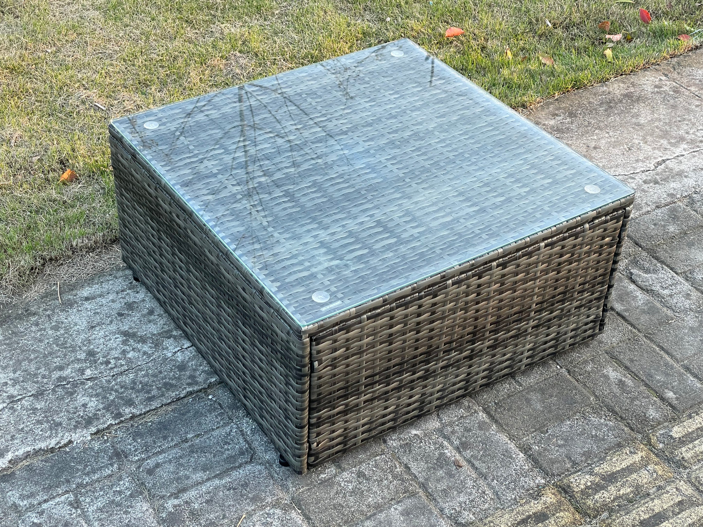 Wicker PE Rattan Garden Furniture Set – Outdoor Lounge Sofa Set with Love Sofa, Square Coffee Table, and Big Footstool (Dark Grey Mixed)