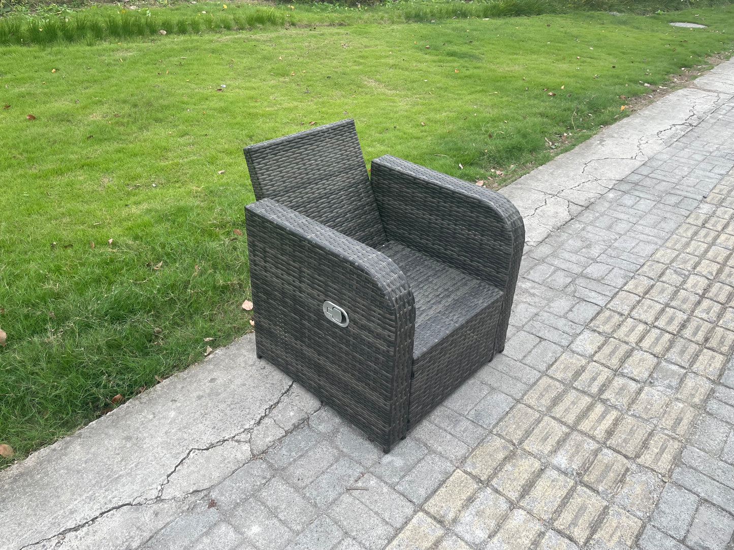 Wicker PE Rattan Garden Furniture Set – Outdoor Lounge Sofa Set with Love Sofa, Square Coffee Table, and Big Footstool (Dark Grey Mixed)