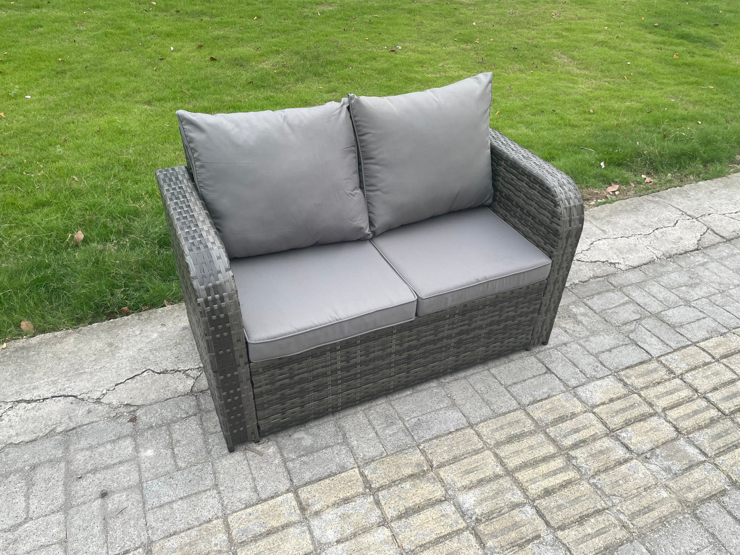 Wicker PE Rattan Garden Furniture Set – Outdoor Lounge Sofa Set with Love Sofa, Square Coffee Table, and Big Footstool (Dark Grey Mixed)