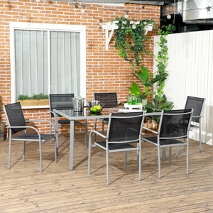 7 Piece Outdoor Garden Dining Set with Table and 6 Stackable Chairs, Steel Frame, Tempered Glass Top, Mesh Seats, Black