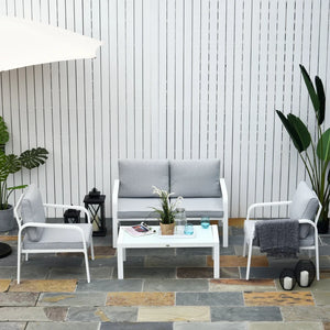4pcs Garden Sofa Set 2 Single Armchair, 1 Bench & 1 Coffee Table Set Aluminum Frame Patio Furniture with Cushions, Black