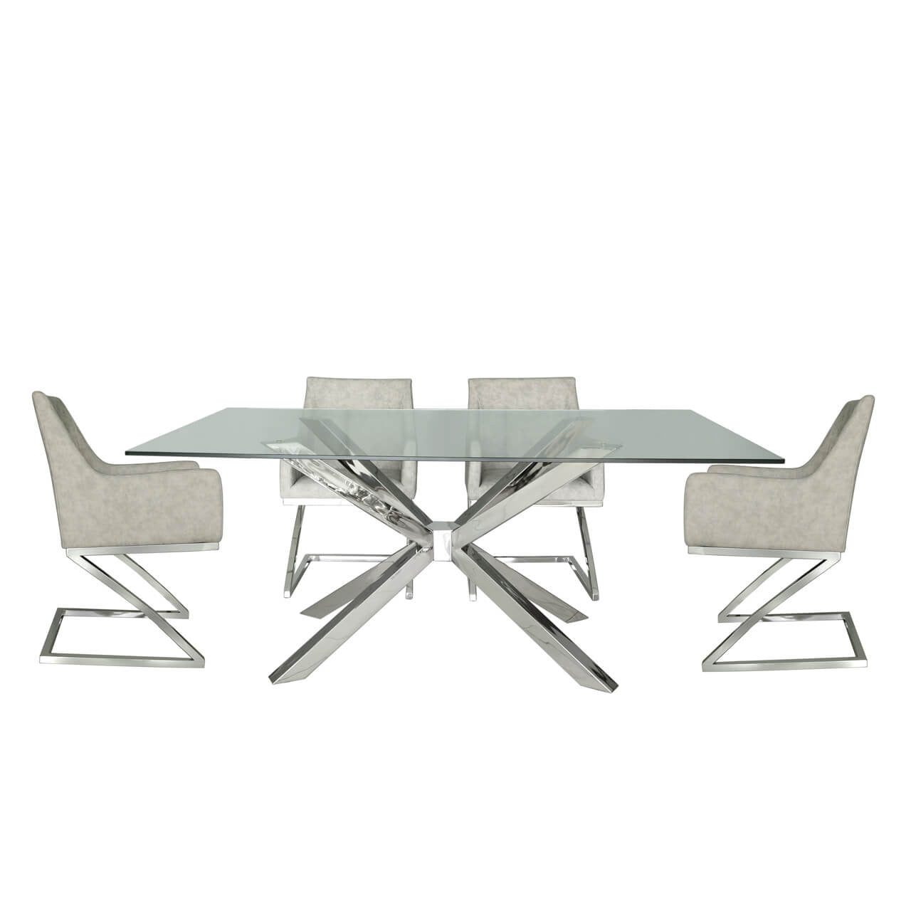 Leo Chrome and Glass Dining set with 4 Light Grey Chairs