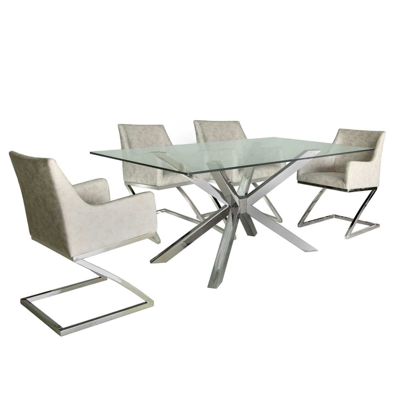 Leo Chrome and Glass Dining set with 4 Light Grey Chairs