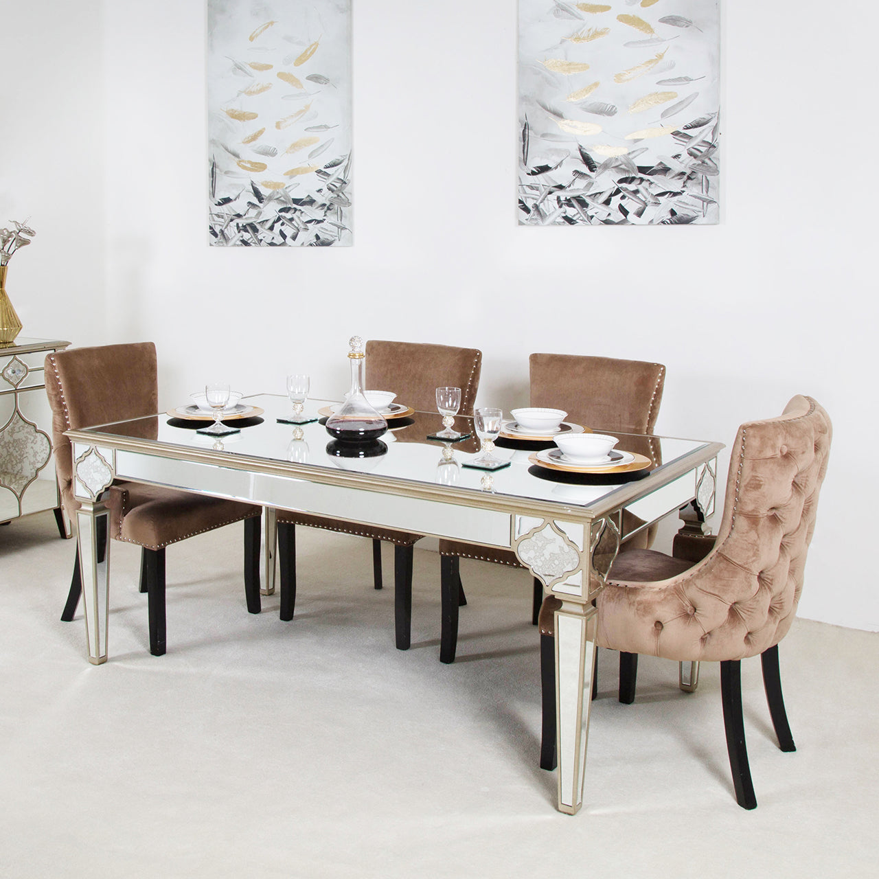 Casablanca Dining Set With 4 Tufted Back Champagne Chairs