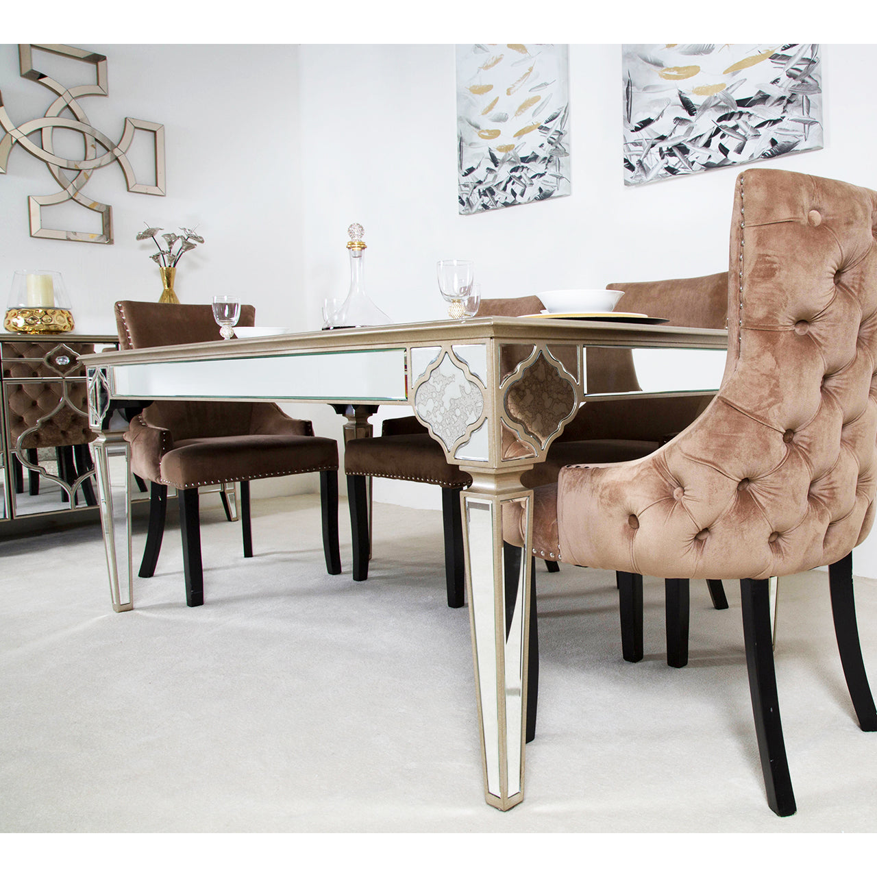 Casablanca Dining Set With 4 Tufted Back Champagne Chairs