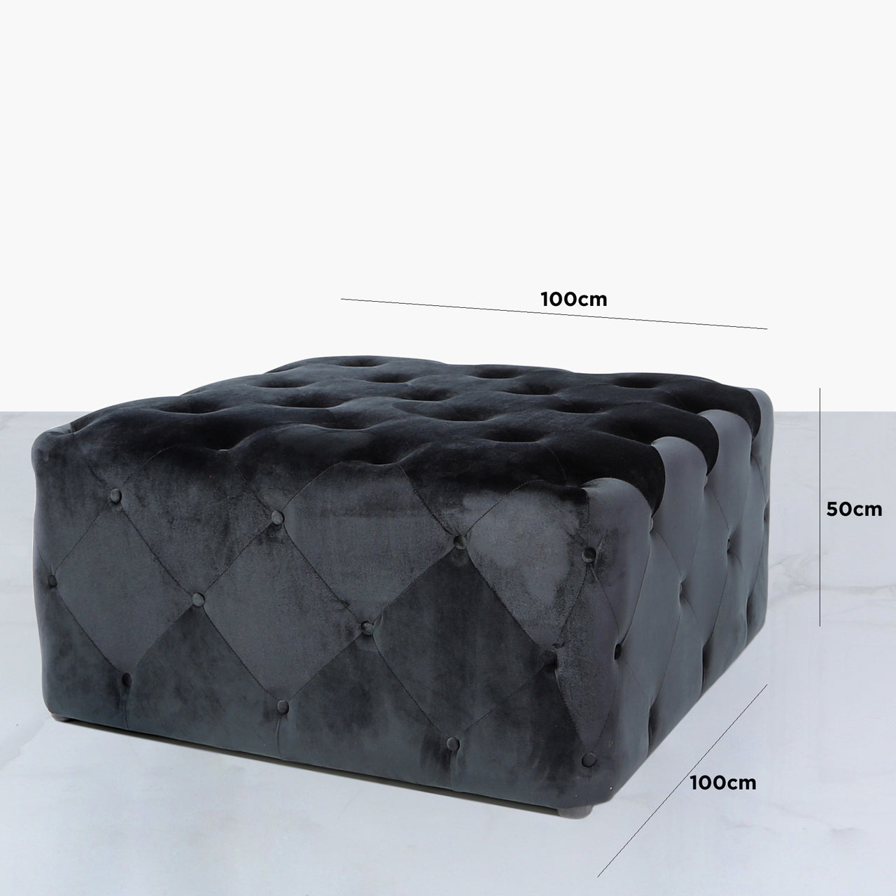 Black Square Velvet Stool with Buttons