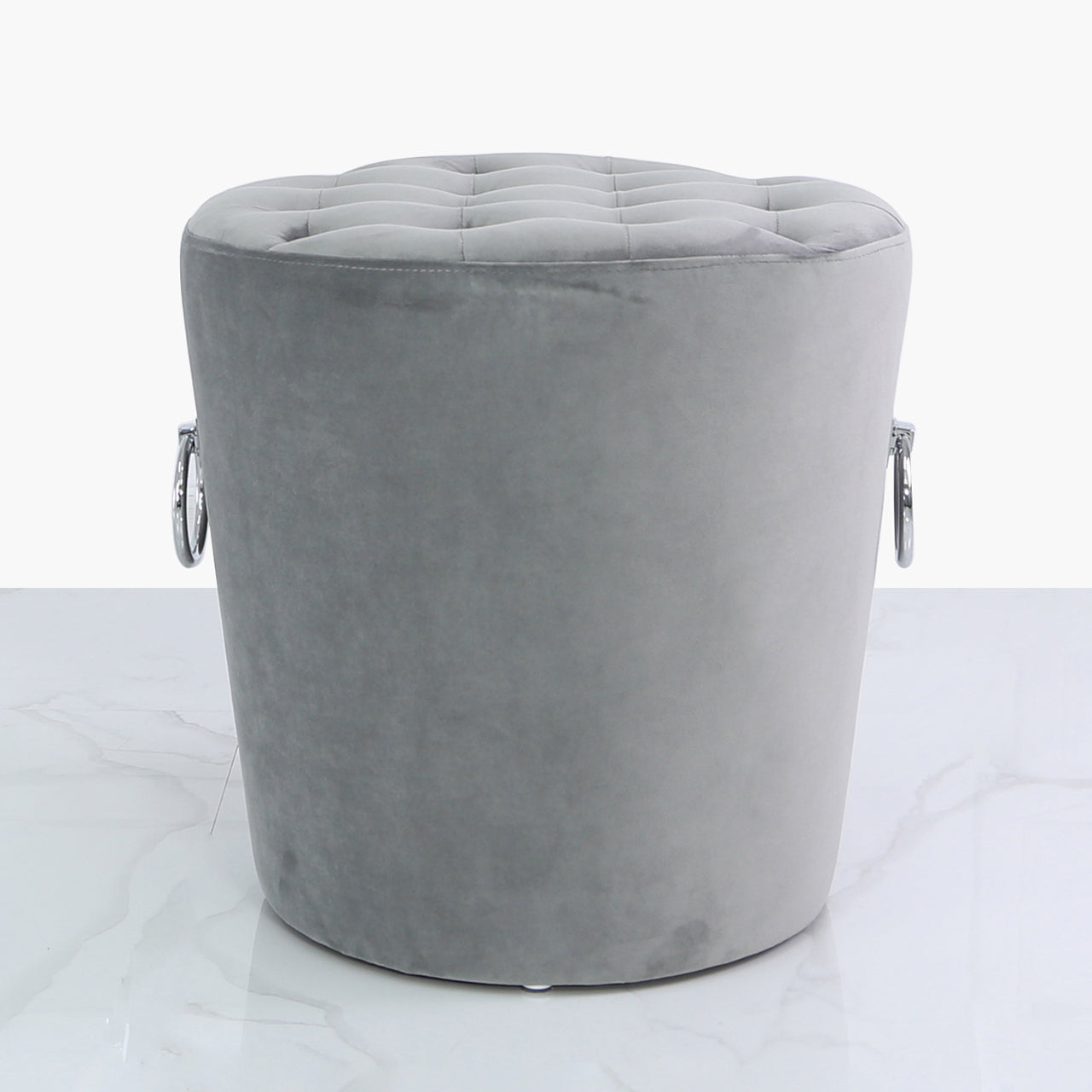 Grey Round Velvet Stool with Side Rings