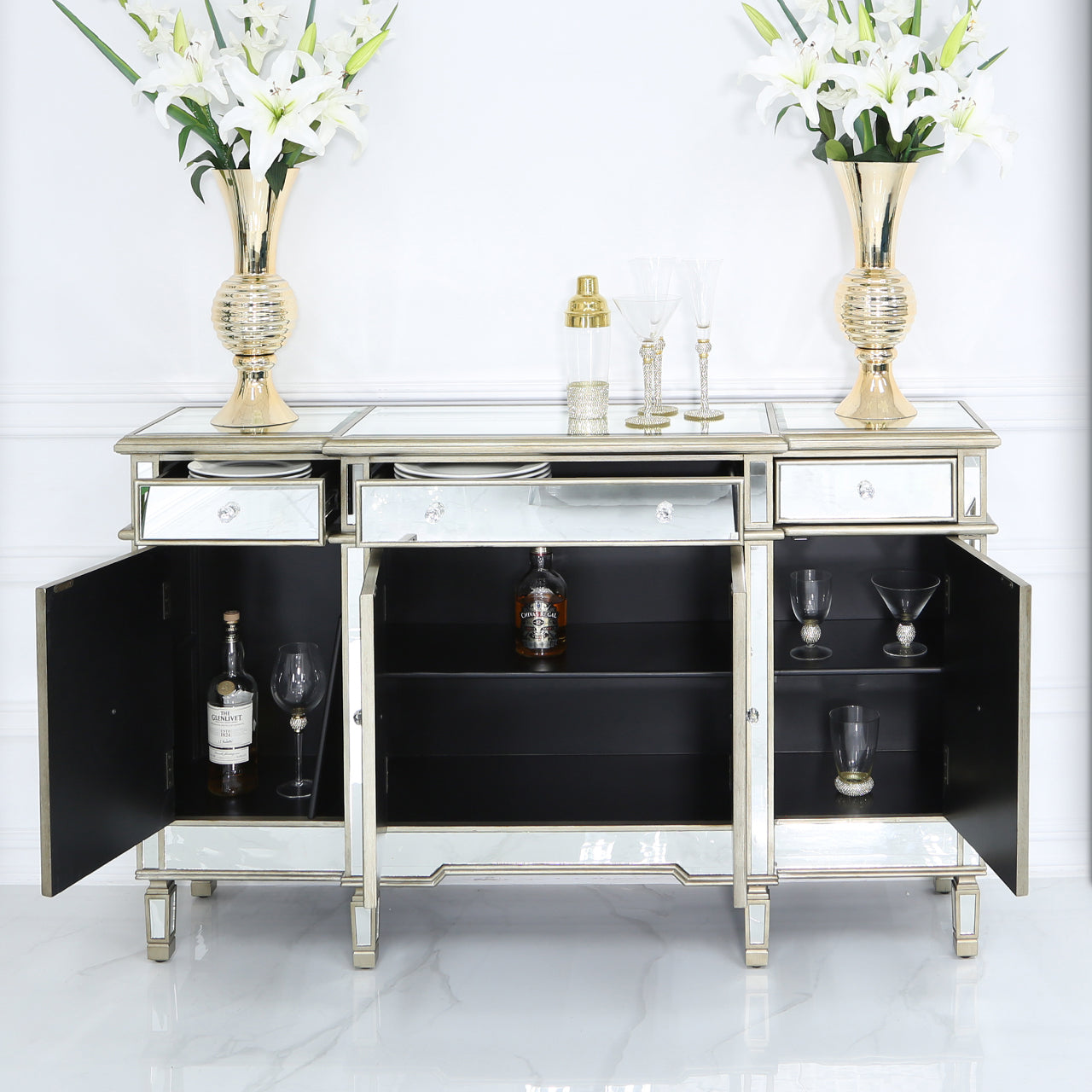 The Bella Gold 3 Draw, 4 Door Bed Side Cabinet