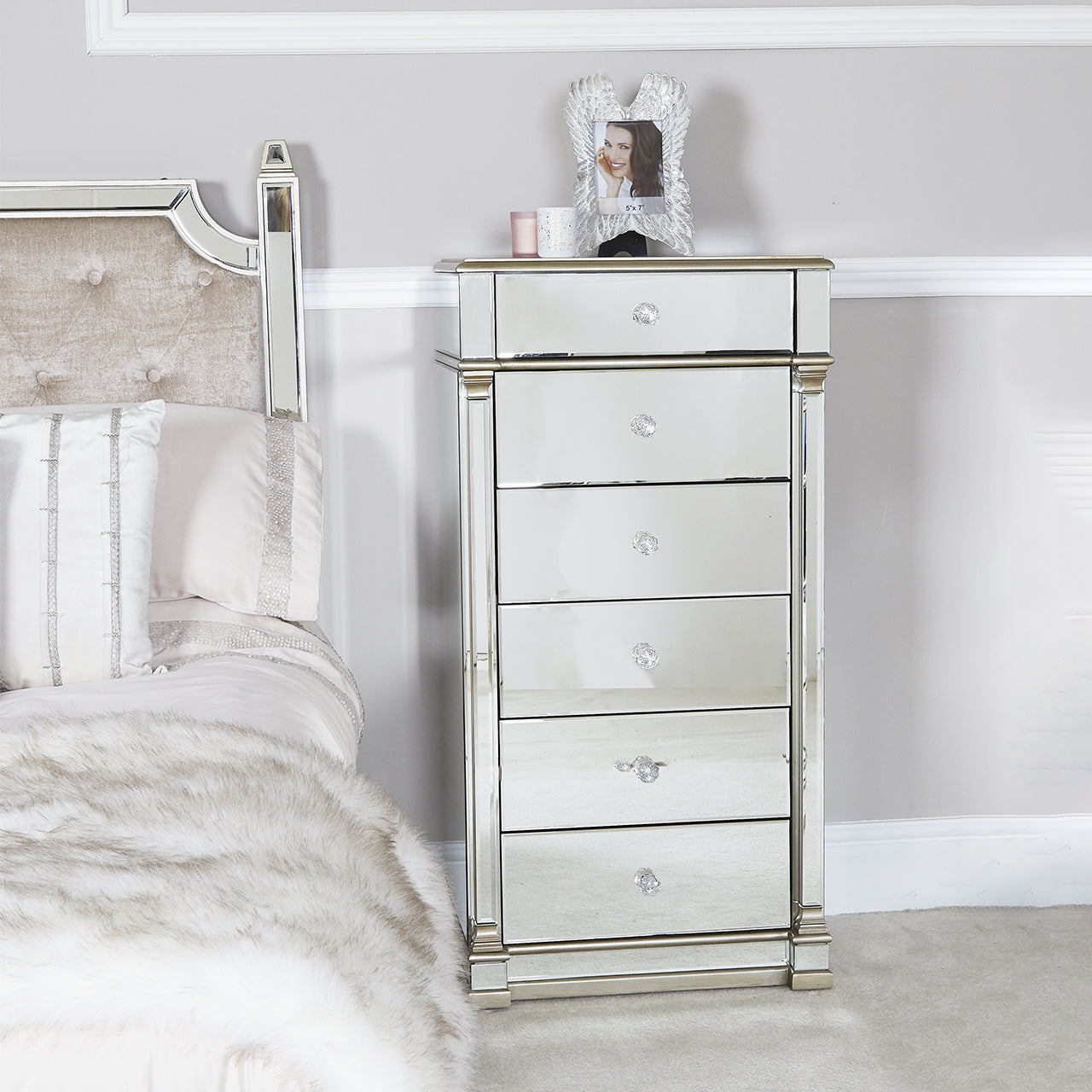 Mirrored 6 Drawer Tall Chabinet