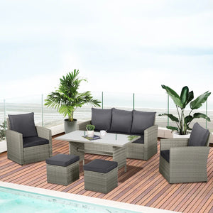 6 Pieces Outdoor PE Rattan Garden Furniture Set with Three-seat, Armchairs and Footstools, Patio Wicker Dining Sets w/ Glass Top Dining Table, Soft Cushion, Mixed Grey
