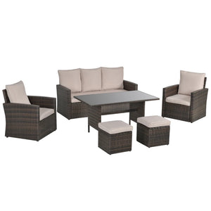 6 Pieces Outdoor PE Rattan Garden Furniture Set w/ Glass Top Dining Table