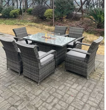 Belfast Rattan Gas Fire Pit Oblong Dining Table Gas Heater Table And Chair Set 6 Seater 