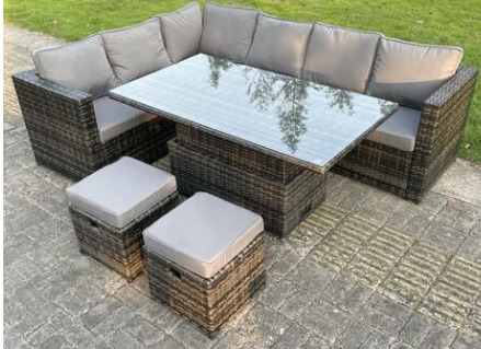 Bournemouth 8 Seat Dark Mixed Grey Rattan Garden Furniture Corner Sofa Set Adjustable Dining Or Coffee Table Left Side (FREE RAIN COVER)