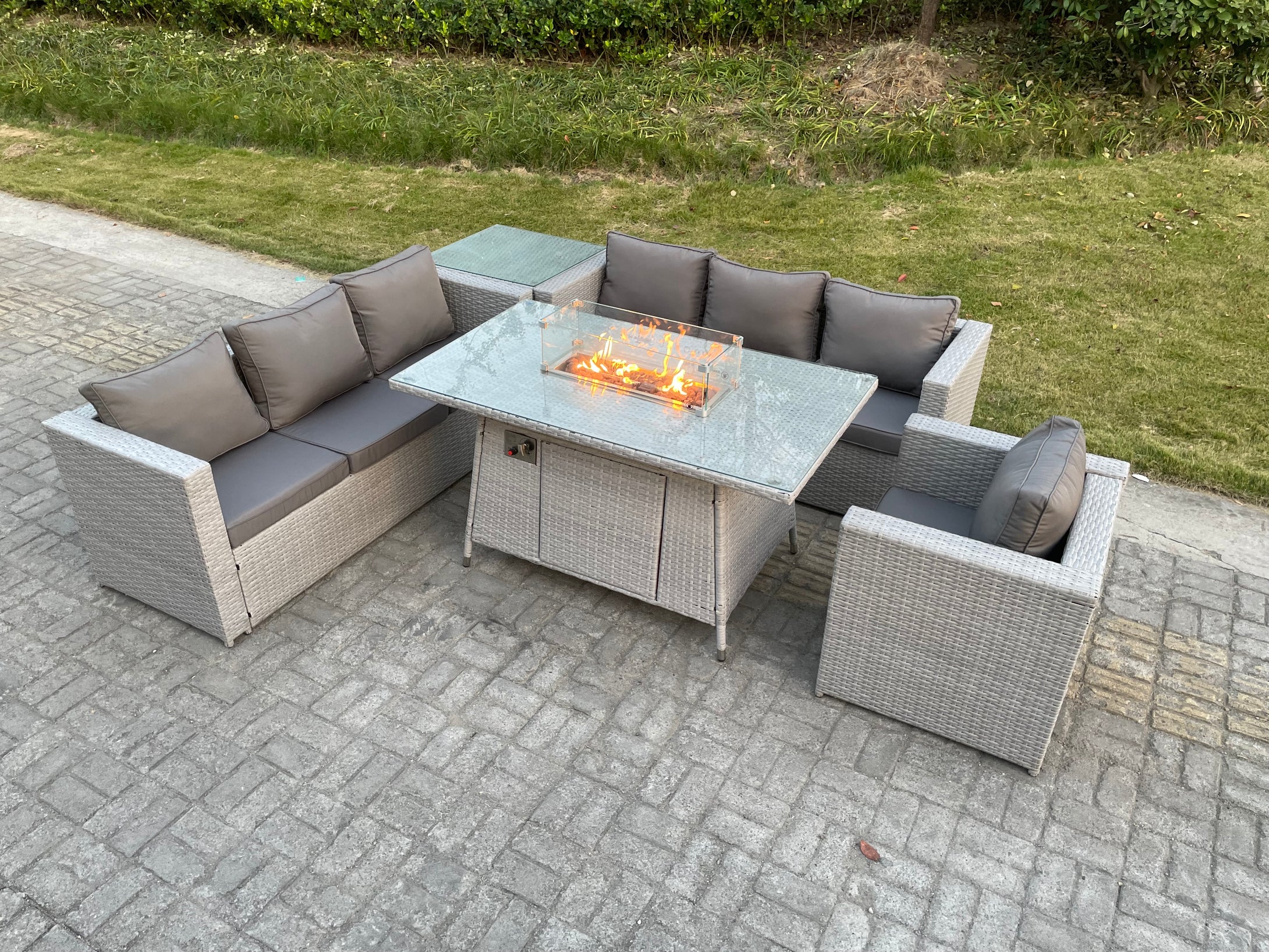Grey Corner Rattan FirePit Garden Furniture Set