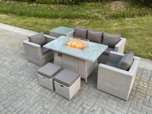 Kensington 7 Seater Rattan Garden Furniture Set with Fire Pit