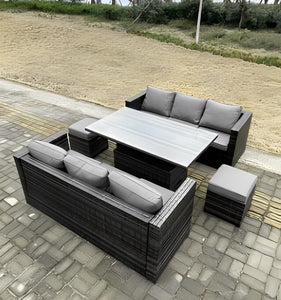 Lancashire 8 Seater Outdoor Rattan Sofa Set Garden Furniture Adjustable Rising Lifting Dining Table Footstools Dark Grey Mixed