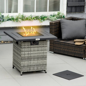 Outdoor PE Rattan Gas Fire Pit Table with Rain Cover and Lava Stone