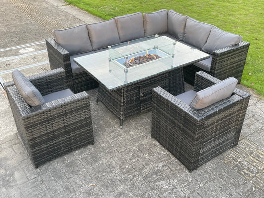 Outdoor Rattan Garden Set Corner Furniture Gas Fire Pit Dining Table Sets
