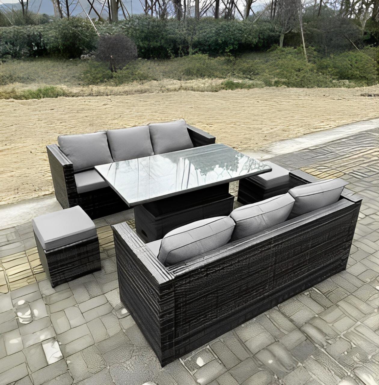 Lancashire 8 Seater Outdoor Rattan Sofa Set Garden Furniture Adjustable Rising Lifting Dining Table Footstools Dark Grey Mixed