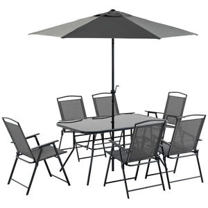 Eight-Piece Garden Dining Set, with Chairs, Table and Parasol - Black