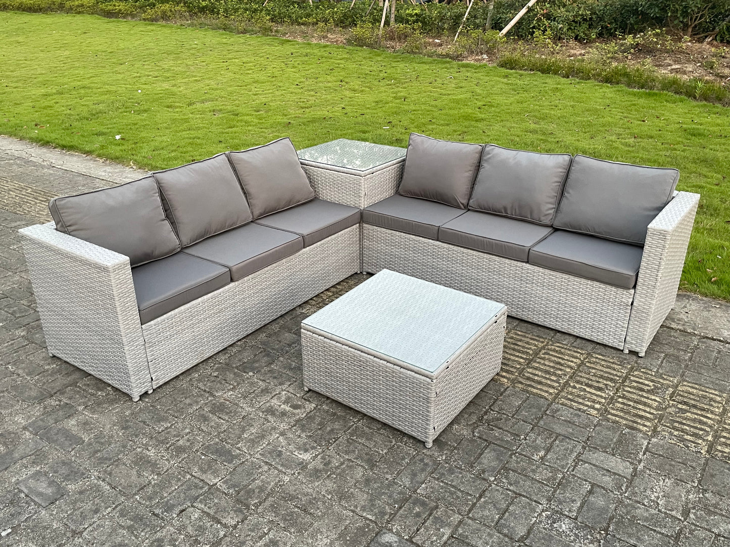 6 Seater PE Wicker Light Grey Rattan Garden Corner Sofa Sets