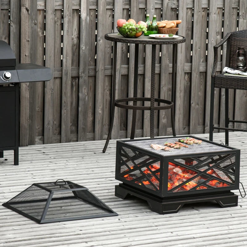 Metal Firepit Outdoor 2 in 1 Square Fire Pit Brazier w/ Grill Shelf, Lid, Poker for Backyard, Camping, BBQ, Bonfire, Wood Burning Stove