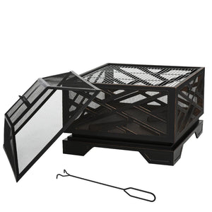 Metal Firepit Outdoor 2 in 1 Square Fire Pit Brazier w/ Grill Shelf, Lid, Poker for Backyard, Camping, BBQ, Bonfire, Wood Burning Stove