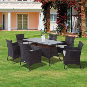 7-Piece Outdoor Rattan Dining Set - 6 Armchairs & Glass Table 