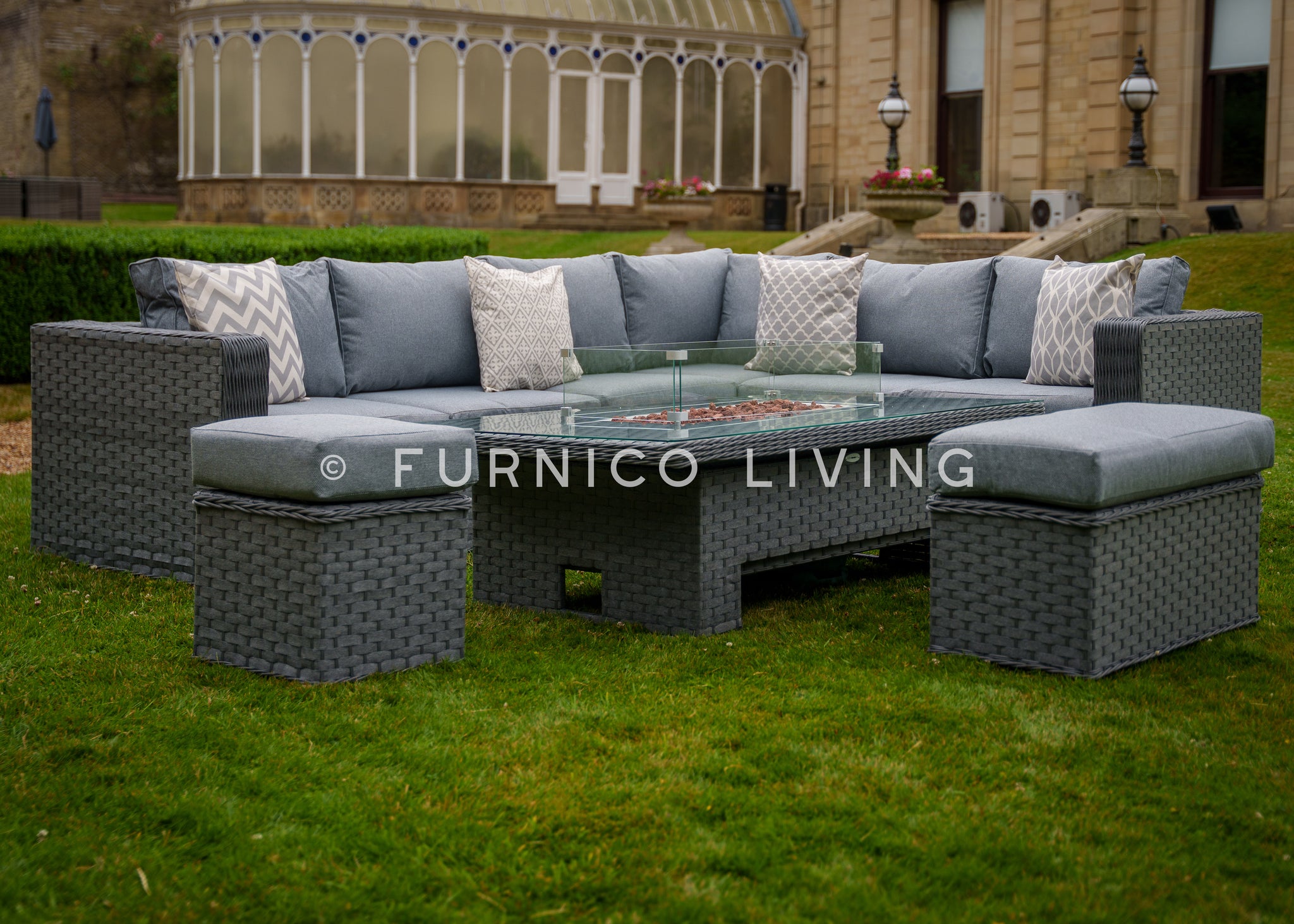 Buxton Rattan Corner Dining Set with Rising Fire Pit Table Furnico Living