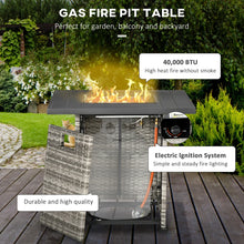 Outdoor PE Rattan Gas Fire Pit Table with Rain Cover and Lava Stone