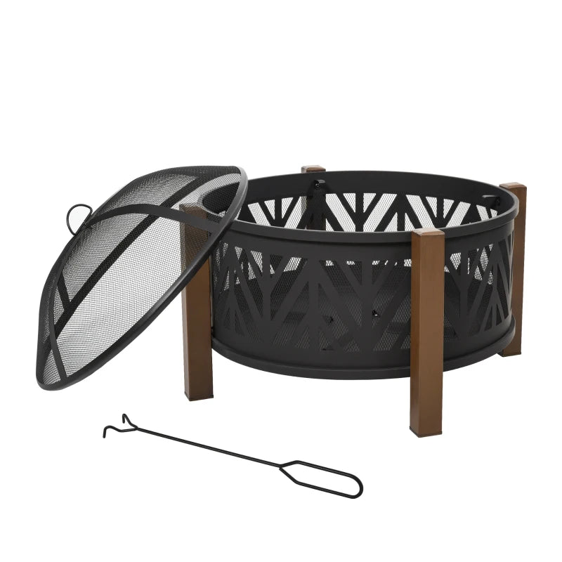 Metal Large Firepit Bowl Outdoor 2-In-1 Round Fire Pit Brazier w/ Lid, BBQ Grill, Poker for Backyard, Camping, Bonfire, Wood Burning Stove