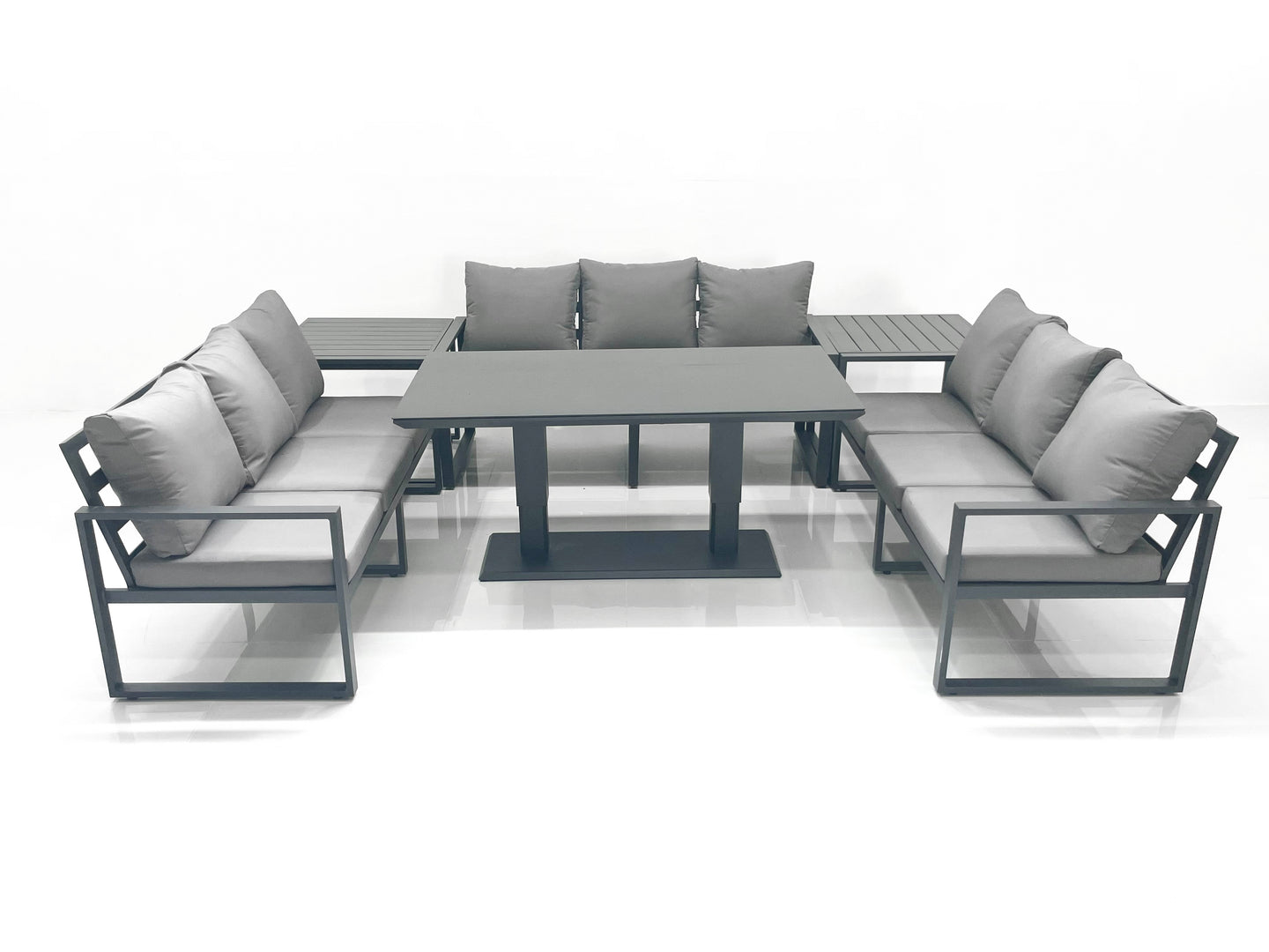 Dark Grey Aluminium 9-Seater Garden Sofa Set with Adjustable Rising Dining Table and Side Tables