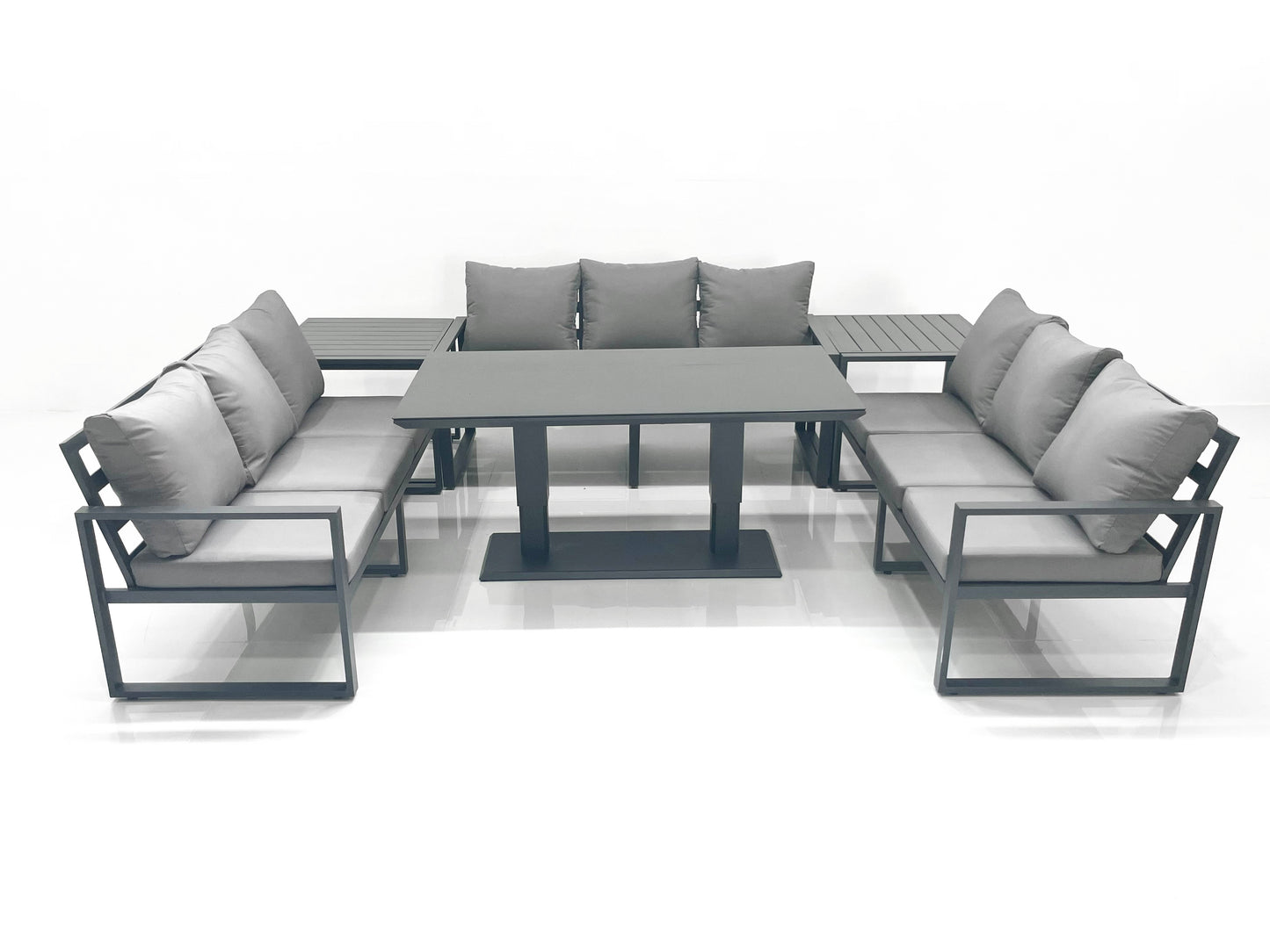Dark Grey Aluminium 9-Seater Garden Sofa Set with Adjustable Rising Dining Table and Side Tables