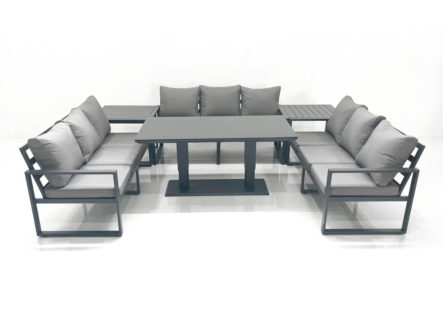 Dark Grey Aluminium 9-Seater Garden Sofa Set with Adjustable Rising Dining Table and Side Tables